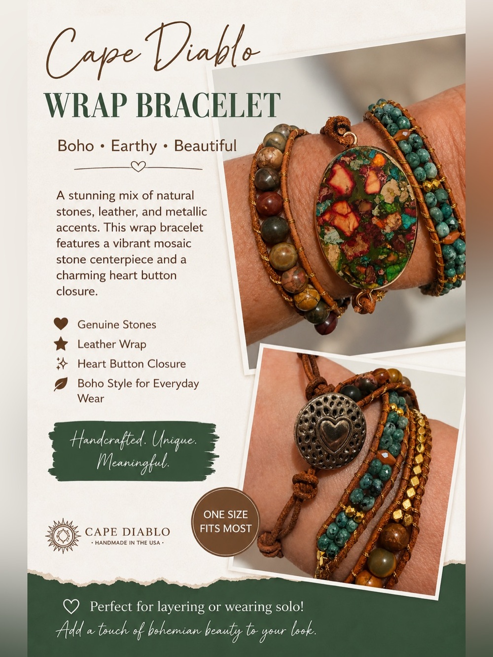 🌿Cape Diablo Turquoise & Multicolor Mosaic Leather Wrap Bracelet